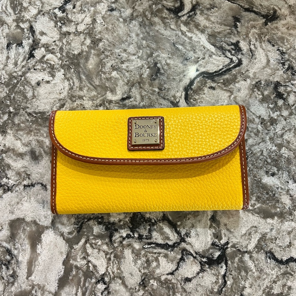 Dooney & Bourke Yellow Pebble Leather Flap Wallet with Brown Trim